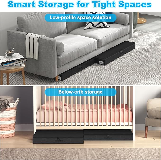 Under Bed Storage Container Bins 2 Pack, 4.5 Inch Slim Low Profile Underbed Clothes Storage Organizer for Dorm & Home, Use for Blanket and Toy Storage Box W/ Sturdy Bottom/Sides, Foldable Thick Fabric