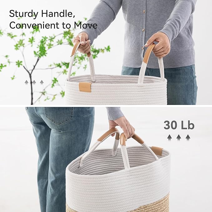 95L Striped Laundry Hamper with Leather Handles,Large Foldable Laundry Basket for Clothes,Cotton Rope Storage Bin for Blankets,Woven Clothes Basket for Bedroom,Beige Stripes
