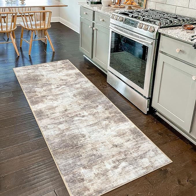 IOHOUZE Abstract Runner Rug 2x7 Ft Washable Runners for Hallways, Non Slip Kitchen Runner Printed Faux Wool Entryway Runners Indoor, Modern Abstract Floor Carpet for Hall Kitchen Bedroom, Beige Brown