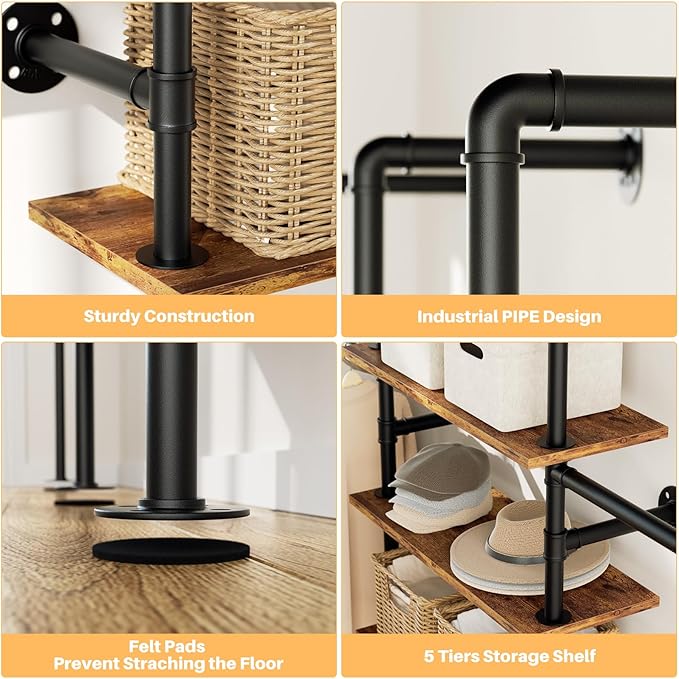 Aheaplus Industrial Pipe Clothing Rack, Reversible 6.42FT Clothes Rack for Hanging Clothes, Heavy Duty 5-Tier Closet Wardrobe Garment Racks with Shelves, Corner Closet Organizer System, Rustic Brown