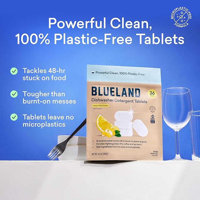 BLUELAND 100% Plastic-Free Dishwasher Detergent Tablets, Starter Set, 60 Count with tin, Lemon Zest, Eco-Friendly Dishwashing Pods, Natural, USDA Certified biobased