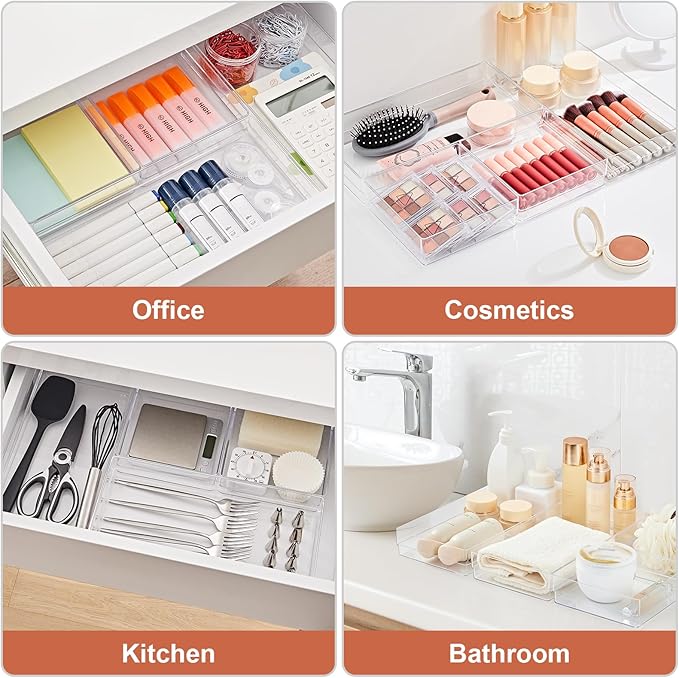 SMARTAKE 6 PCS Clear Plastic Drawer Organizers Set, Large Size Non-Slip Desk Drawer Organizer, 2-Size Versatile Bathroom and Vanity Drawer Organizer Trays for Makeup, Bedroom, Office, Kitchen Utensils