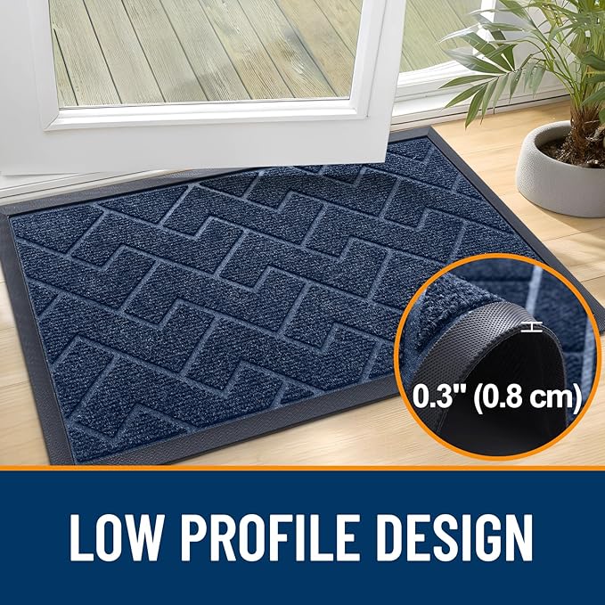 OLANLY Front Door Mat Indoor Outdoor Entrance, Waterproof All-Season, All-Weather Doormat, Sturdy Natural Rubber, Low Profile, Easy Clean Patio Porch Entryway Mat, Herringbone Brick (Blue, 59x23)
