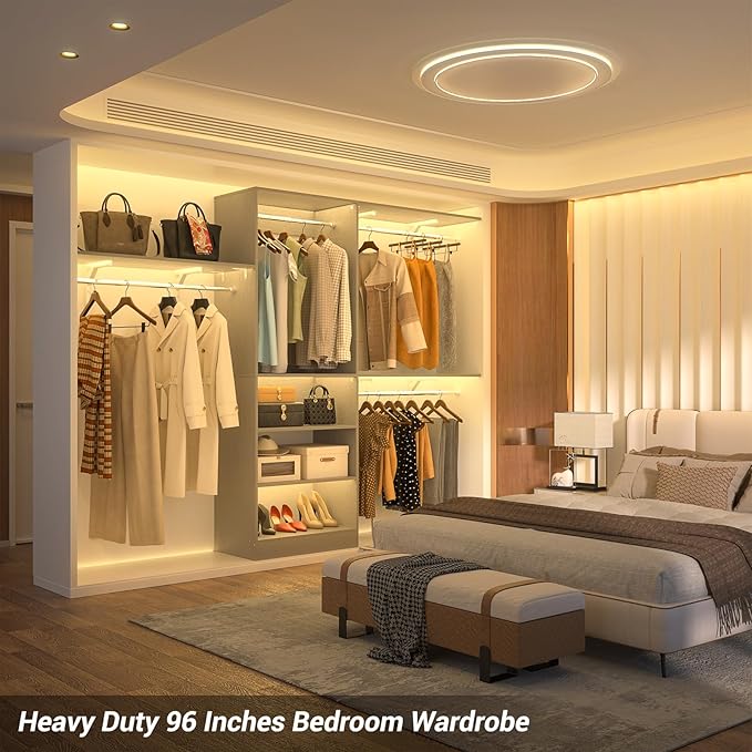 8FT Closet System with Shelves, 96'' Closet Organizer System with 3 Hanging Rods, Wall Mount Bedroom Wardrobe Walk-in Closet, Adjustable Cloth Garment Rack from 5 to 8FT (Cut to Fit), Grey