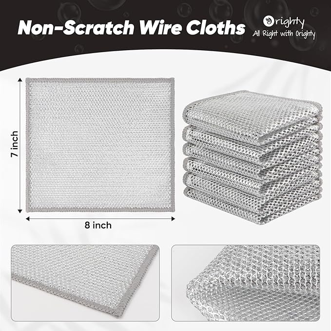 Orighty 12 Pcs Multipurpose Wire Dishwashing Rag, Non-Scratch Wire Dish Cleaning Cloths for Wet and Dry, Reusable Steel Scrubber for Kitchen, Powerful Dishcloth Rag for Cookware, Dish, Stove-7"x8"
