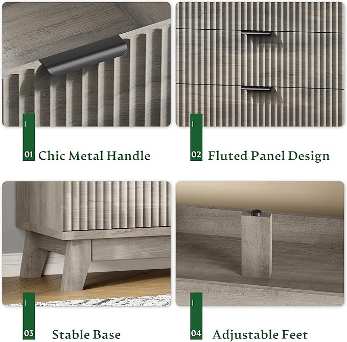Fluted Dresser with 8 Drawers, 54" Wide Wood Chest of Drawers with Metal Handle, Wooden Dresser TV Stand, Modern Closet Clothes Storage Organizer for Bedroom, Living Room, Hallway, Light Grey