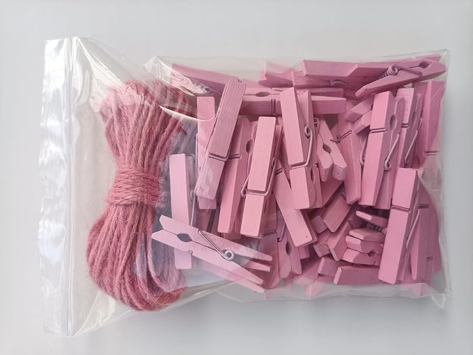 1.9" Pink Wooden Clothes Pins DIY Photo Garland Baby Shower Bag Clips Decorative Clothespins with Jute Twine Pack 50