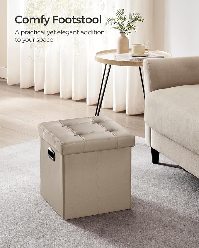 SONGMICS Mazie Collection - 15 Inches Ottoman with Storage, Footstool, Storage Ottoman with Metal Handles, Load 660 lb, for Dorm, Living Room, Bedroom, Synthetic Leather, Camel Brown ULSF030K03