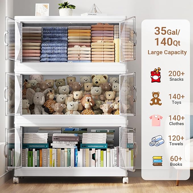 175Gal Plastic Stackable Storage Bins with Lid, 700QT Extra Large Closet Organizers Collapsible Cabinets Boxes With Drawers, Foldable Containers with 4x Wheels for Home Kitchen, V60 5Pack White