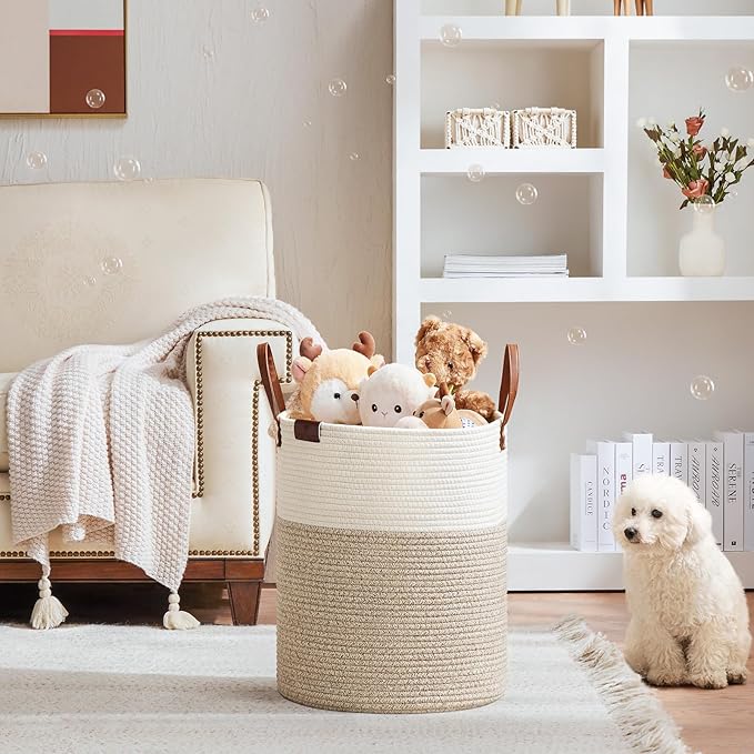 VIPOSCO Tall Laundry Basket, Large Dirty Clothes Hamper with Leather Handle, Woven Rope Storage Basket for Blanket, Toy In Living Room, Bathroom, Bedroom - 53L White & Brown