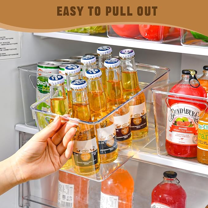 12 Pack Middle Organizers and Storage, Pantry Organization and Storage Bins, Cabinet Organizer, Clear Plastic Storage Containers with Handle，Acrylic Storage Bins for Cabinet, Fridge