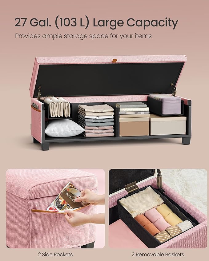 SONGMICS Storage Ottoman Bench, Storage Chest, 15.7 x 43.3 x 15.7 Inches, End of Bed Bench, 27 Gal. (103 L), for Bedroom, Entryway, Living Room, Jelly Pink ULSF533R01