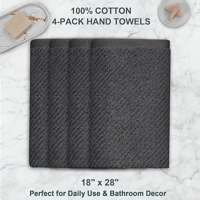 VOOVA & MOVAS Gray Hand Towels for Bathroom, Large 18" x 28" - 100% Cotton | Thick | Quick Dry | Lightweight | Absorbent | Soft, Hand Towels Set of 4, Bathroom Essentials, Dark Grey