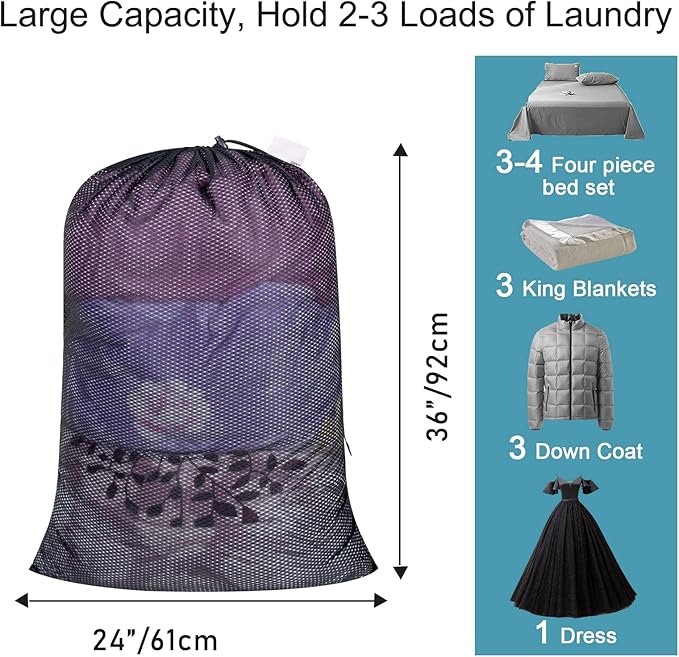 Polecasa Heavy Duty Large Mesh Laundry Bags with ID Tag and Locking Drawstring Closure - 2 Pack, 24 x 36 inches - Laundry Hamper Liner, Washable Laundry Bag for Travel, Sports, Dorms (Black)