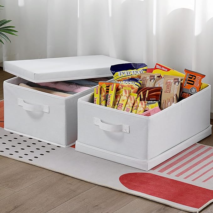 HOONEX Storage Bins with Lids for Organizing, Pack of 2, Storage Boxes with 2 Carrying Handles and Sturdy Heavy Cardboard, 16.5" L x 11.8" W x 7.5" H for Shoes, Books, Clothes, Nursery, White