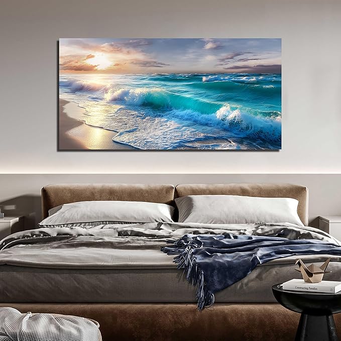 GUGIKA Ocean Wall Art for Living Room, Blue Wave and Large Coastal Beach Canvas Wall-Decor for Bedroom, Gold Sun Scenery Pictures for Hallway Office, Size 59 x 29 Inches