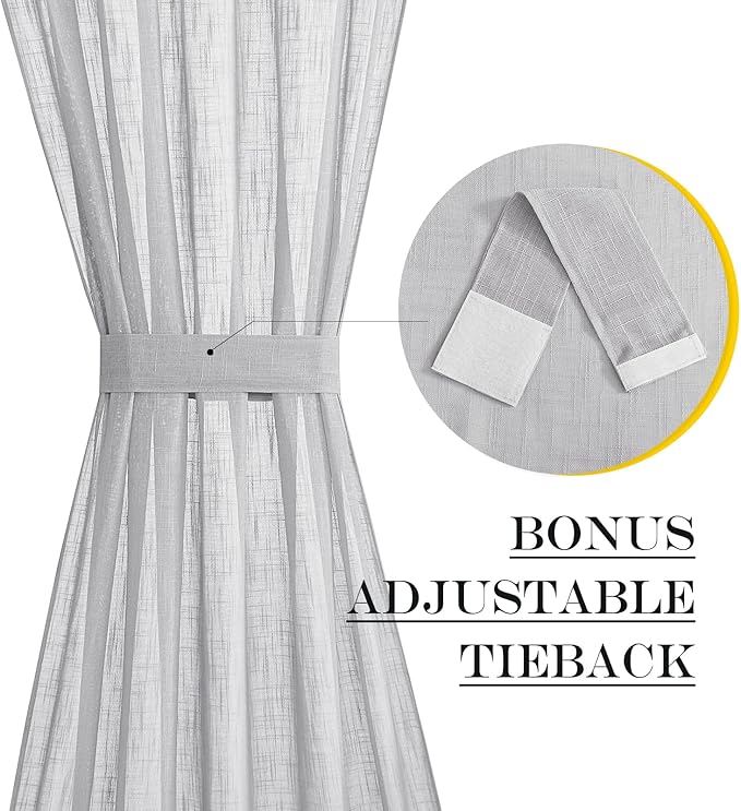 NICETOWN Door Curtain Panel Sheer - Sheer French Door Curtain Linen Textured Panel 72 inches Long Curtain with Single Tieback (Light Grey, 1 Panel)