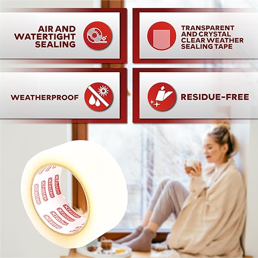 XFasten Transparent Window Weather Sealing Tape, 2-Inch x 30 Yards (50.8mm x 27.43m), Clear Window Draft Isolation Sealing Film Tape, No Residue