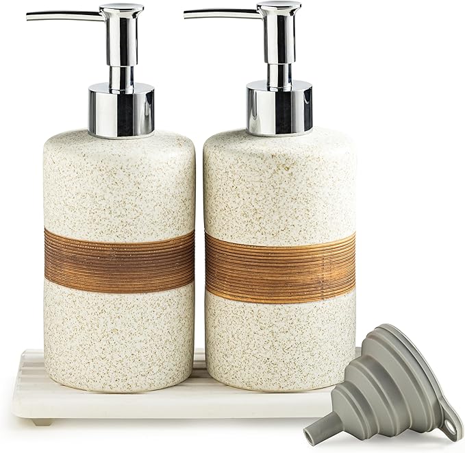 2-Pack Ceramic Soap Dispensers Set, Includes Stainless Steel Pump, Silicone Funnel and Diatomaceous Tray, Hand Soap, Dish Soap, Shampoo and Conditioner Dispenser for Bathroom & Washroom, White