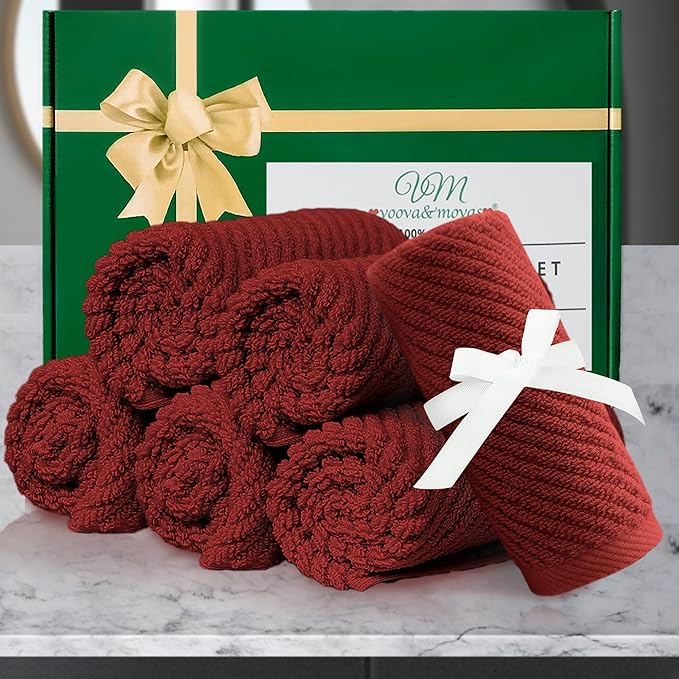 VOOVA & MOVAS Red Washcloths, 6PC 13"x13" - 100% Cotton | Quick Dry | Lightweight | Thick | Soft | Absorbent, Bath Hand Towels Set for Face & Body, Face Towels for Bathroom, Towel Gift Set, Burgundy