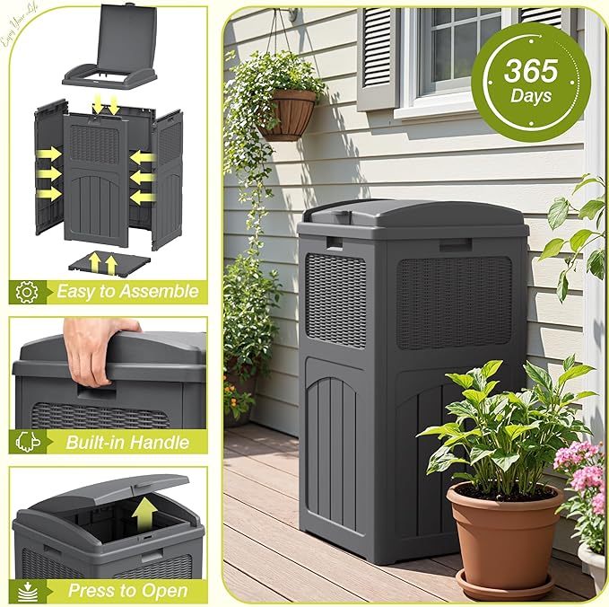 Greesum 33 Gallon Outdoor Trash Can with Lid (2-Pack), Heavy Duty Resin Garbage Bin, Waterproof & UV Resistant for Patio, Garden, Deck, Yard, Gray