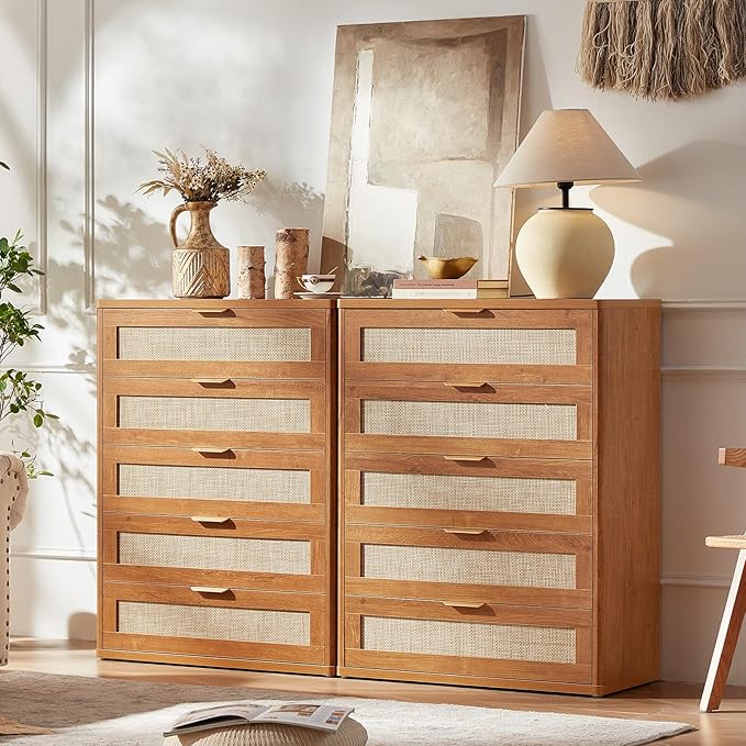 LEYAOYAO Dresser for Bedroom, 41" Tall Chest of Drawers, Modern 5 Drawers Boho Rattan Dressers with Storage, Dresser Wooden Closet Organizer for Living Room, Hallway, Tea Brown