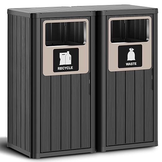 2pcs Outdoor Trash Can Waterproof Resin Garbage Can with Garbage Labels Outdoor Trash Bin for Patio, Garden,Kitchen, Black