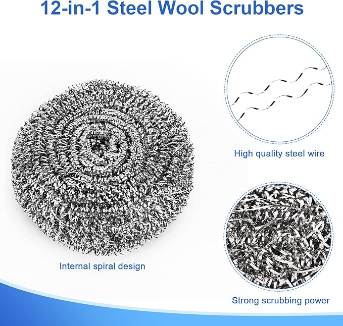 12Pack Upgraded Steel Wool Scrubbers - Premium Stainless Steel Scrubber, Metal Scouring Pads, Steel Wool Pads, Kitchen Cleaner, Heavy Duty Cleaning Supplies - Especially for Tough Cleaning