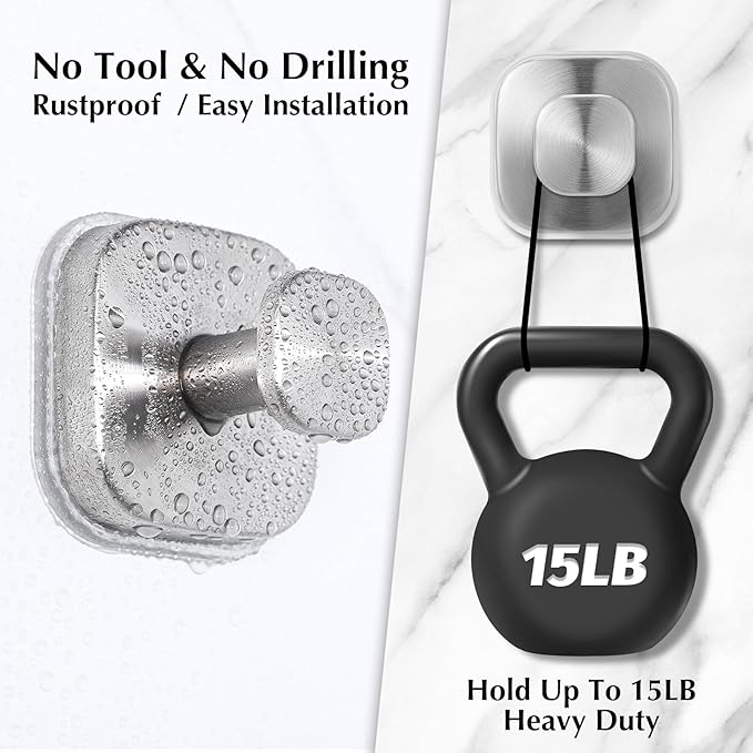 Suction Cup Hooks for Shower - Reusable No-Drill Mounting - Hooks for Towels, Robes & Loofah on Metal, Glass, Mirrors, Tile & Smooth Non-Porous Surfaces (2, Brushed Nickel)