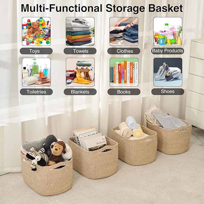 Storage Baskets for Organizing & Shelves, Woven Cotton Rope Organization Bins for Dog Toys, Clothes, Books, Nursery Organizer, 15" Lx11''Wx9.5''H, (4 Packs) Brown