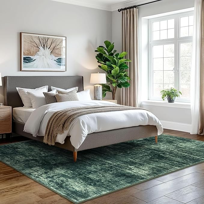 IOHOUZE Abstract Area Rugs 5x7 Ft Washable Rugs for Living Room, Non Slip Dining Room Rug, Printed Faux Wool Rugs for Bedroom, Floor Carpet for Kitchen Nursery Playroom, Dark Green