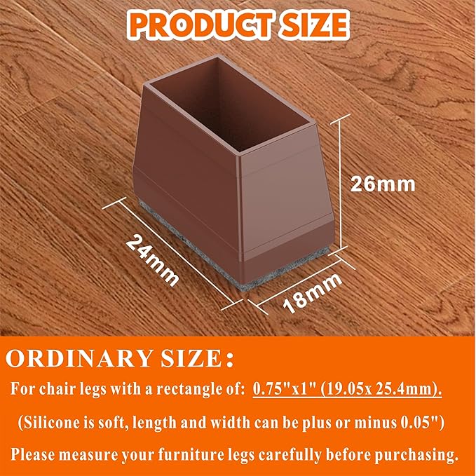 Rectangle Chair Leg Protectors for Hardwood Floors,16 PCS Silicone Covers to Protect Wood Tile Floors Felt Pads Furniture Leg Caps Reduce Noise. Easy to Move.(Brown,0.75 x 1 Inch,Rectangle)