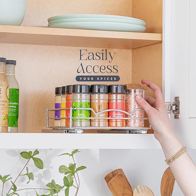 Pull Out Cabinet Organizer for Spices, Cans - Heavy Duty with Lifetime Limited Warranty- Pull Out Spice Rack- Cabinet Pull Out Shelf for Cans,Dishes, Etc, 8-3/8"W x 10-3/8"D x 2-1/8H, Chrome