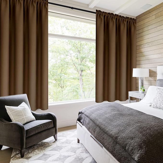 DWCN Blackout Curtains Thermal Insulated Energy Saving Bedroom and Kitchen Curtains Window Treatments, W 38 x L 45 Inch, Set of 2 Brown Rod Pocket Drapes