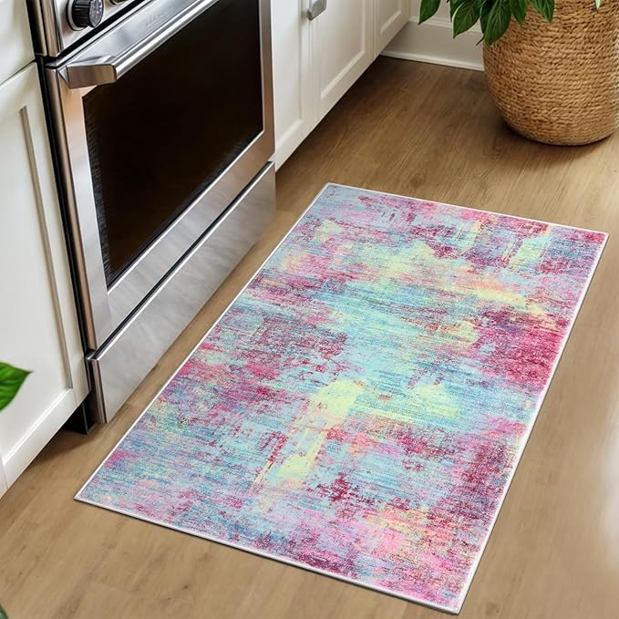 IOHOUZE Small Abstract Area Rug 2x3 Ft Entryway Rugs Washable Door Mat Indoor Entrance, Rubber Backed Throw Rugs, Printed Faux Wool Non Slip Floor Carpet for Foyer Front Door Sink, Pink Teal