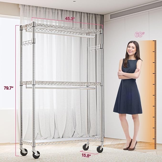 Heavy Duty Rolling Garment Rack 3 Tiers Adjustable Wire Shelving Clothes Rack with 2 Rods and Side Hooks,Storage Closet Clothing Rack with Wheels Chrome 15.7" D x 45.3" W x 79.6" H