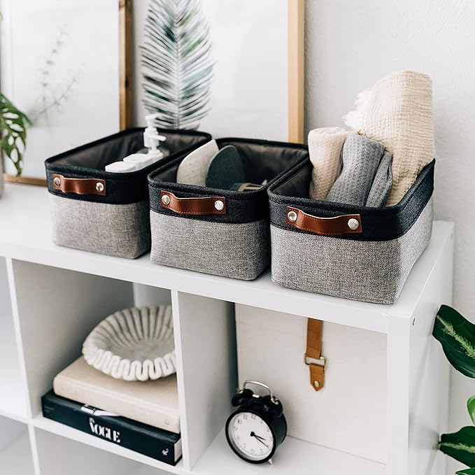 OrganiHaus Small Fabric Storage Baskets for Shelves 6 Pack, 12x8in Closet Storage Bins for Shelves, Cloth Baskets for Organizing, Linen Closet Organizers, Fabric Basket, Gray/Black