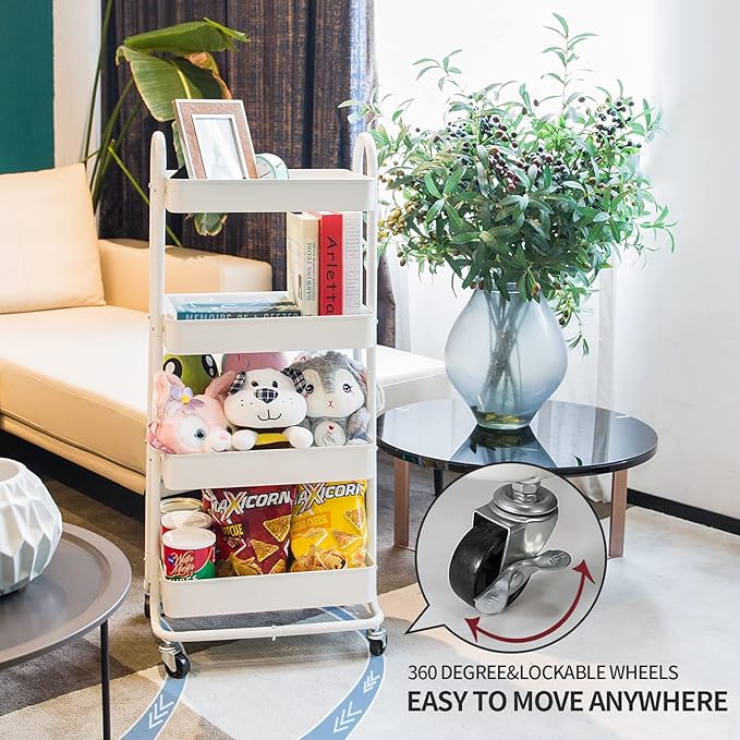 elabo 4-Tier Metal Mesh Utility Rolling Cart, Storage Organizer Trolley Services Cart with Lockable Wheels for Kitchen, Bathroom, Living Room (White)