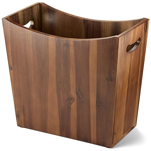 3 Gallons Rectangular Wastebaskets - Acacia Wood Waste Basket with Handles - Small Trash Can for Bathroom - Brown Garbage Bin for Spa Bathroom Decorative, Kitchen Counter, Living Room (Walnut)