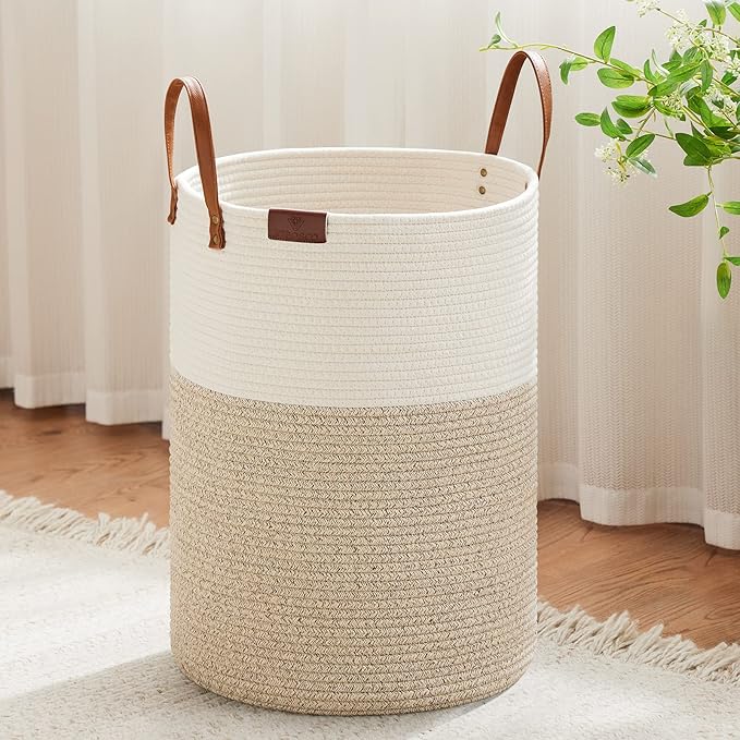 VIPOSCO Tall Laundry Basket, Large Dirty Clothes Hamper with Leather Handle, Woven Rope Storage Basket for Blanket, Toy In Living Room, Bathroom, Bedroom - 72L White & Brown