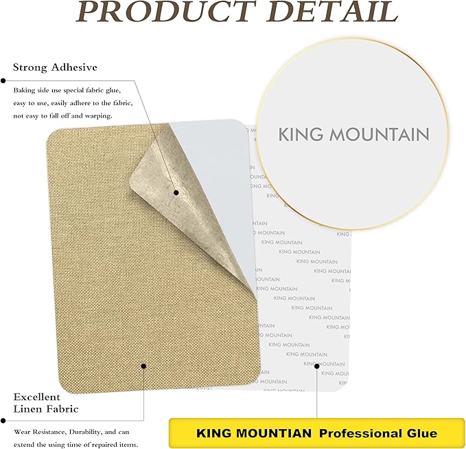 KING MOUNTAIN Coarse Linen Repair Patches, Self-Adhesive Linen Fabric Patches, 8X11 inch 2 PCS, Multi Color, Can be Used for Linen Sofa Repair and Linen Clothes Repair(8" x 11"-2PCS,Khaki)