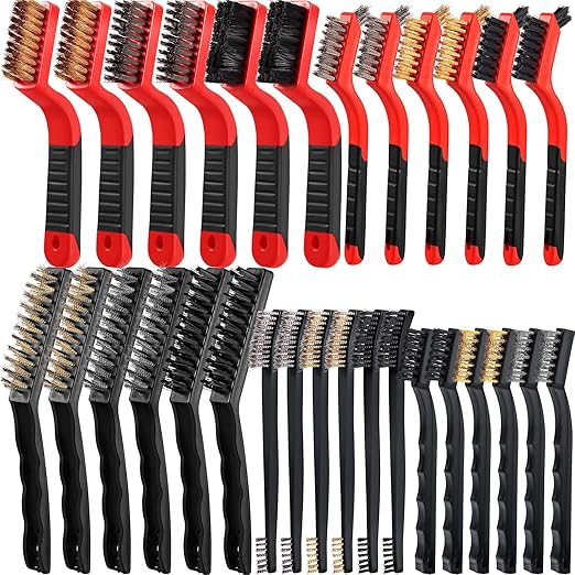 Sumind 60 Pcs Wire Cleaning Brush Set Nylon/ Stainless Steel/ Brass Metal Brush with Curved Handle Grip Paint Remover for Cleaning, Rust, Drill, Scrub, Grout Cleaner Tool (Red and Black)