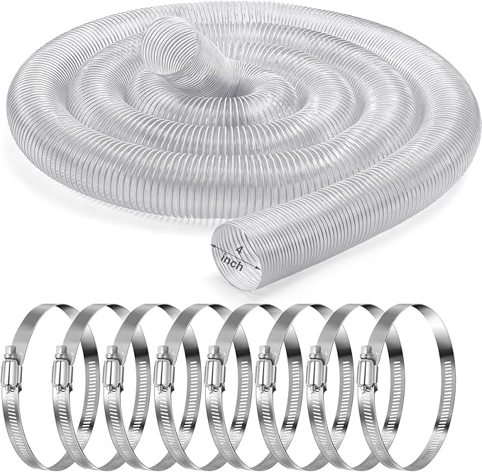 4 Inches 30 ft PVC Dust Collection Hose with Stainless Steel Clamps Set Flexible Clear Vacuum Puncture Resistant Fume Hose for Vacuums Cleaner Fume Dust Collection System
