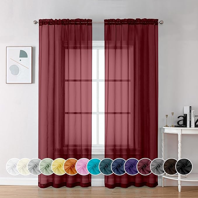 Chyhomenyc Burgundy Sheer Curtains 84 Inches Long 2 Panels Set, Light Filtering Voile Window Drapes for Bedroom Living Room, 42Wx84L Inch, Burgundy, 2PCS