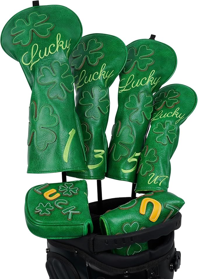 Golf Headcovers Golf Club Head Covers Four Leaf Clover Good Luck Charm - Clover Style Premium Leather Driver Fairway(FW) Wood Hybrid(UT) with Number Tags