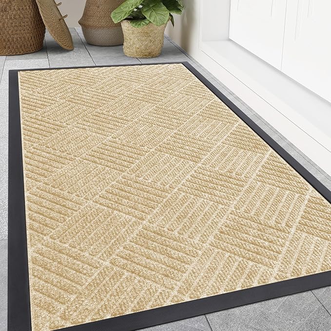 Smiry Front Door Mat Outside Entrance, Heavy Duty Outdoor Indoor Natural Rubber Doormat, Non Slip, Trap Dirt and Moisture, Easy Clean, Low Profile Patio Porch Entryway Mat, 47x32, Beige