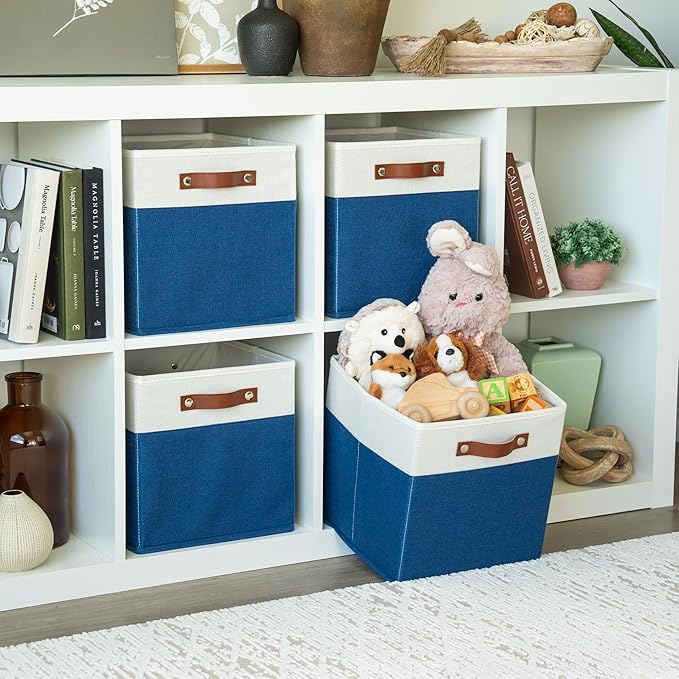 OrganiHaus 11x11 Fabric Cubes Storage Bins Set of 4, Foldable Collapsible Fabric Storage Bins for Organizer, Cubbies Organizer for Kallax, Linen Cube Shelf Baskets, Toy Organizing boxes - Navy Blue