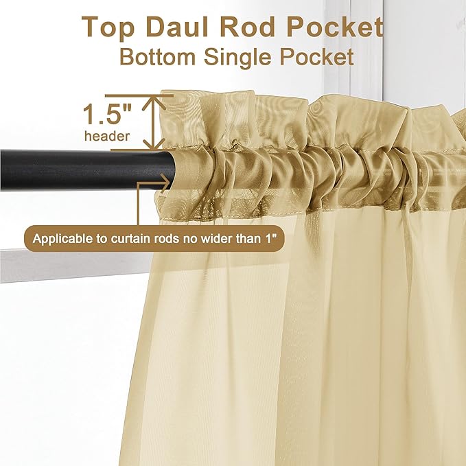 Chyhomenyc Gold Sheer Curtains 54 Inch Long 2 Panels Set, Short Voile Rod Pocket Drapes for Dinning Small Windows Bathroom Living Room Bedroom, Each 42Wx54L in, 2PCS, Gold