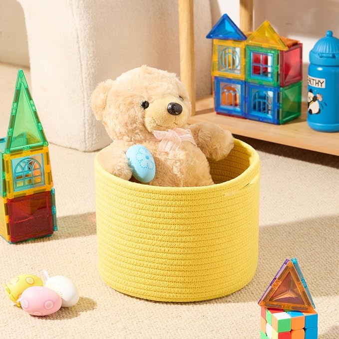 Small Basket for Organizing | Cube Shelf Closet Storage Baskets | 9.7×9.7×7.1” | Woven Rope Gift Basket | Nursery | Round 3 Packs Yellow