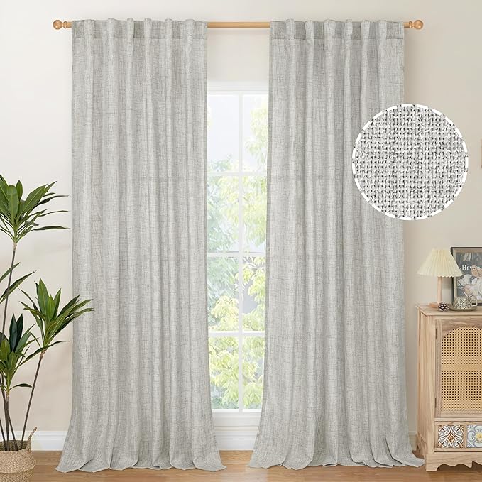 YoungsTex Light Grey Linen Curtains 95 Inches Long for Living Room, Floor Length Semi Sheer Drapes with Rod Pocket Back Tab Light Filtering Window Treatments for Bedroom, 52 X 95 Inch, 2 Panels